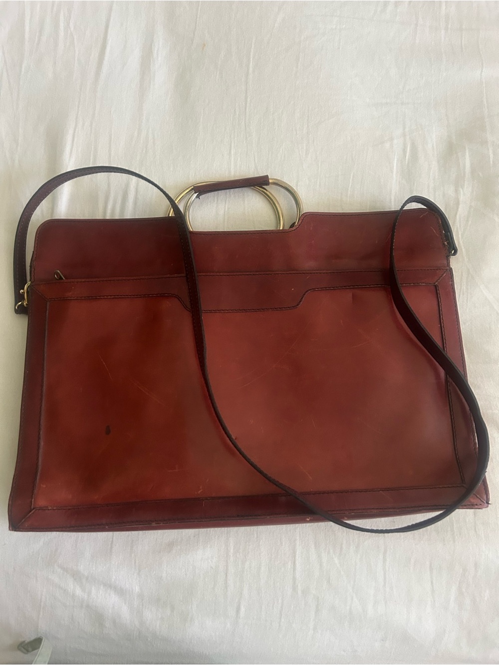 VINTAGE Leather Satchel Bag with Gold Handle - Brown